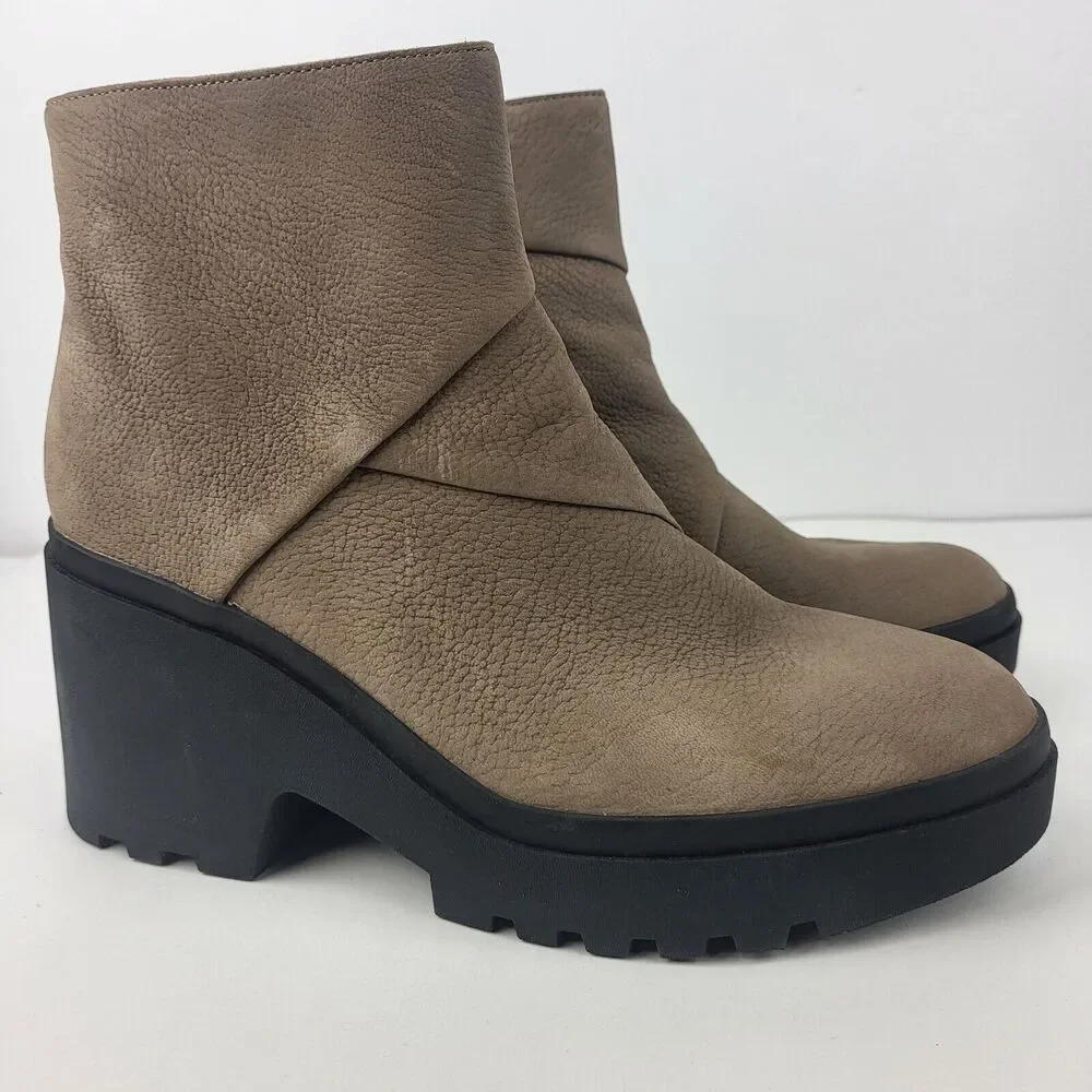 Eileen Fisher Tan Taupe Leather Lug Platform Ankle Booties Boots Size 11